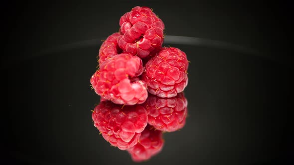 Bright Red Raspberry Fruits With Specular Reflection. - macro, rotating shot