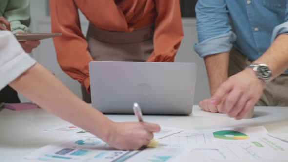 Close up hands of businessman and woman people group meeting in office work together as team.