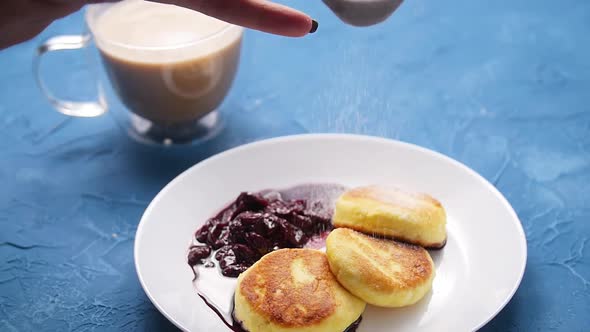 Cottage Cheese Pancakes, Russian Syrniki with Cranberry Jam, Cheesecakes and Coffee