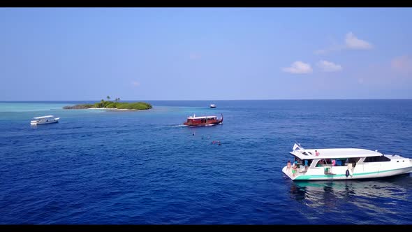 Aerial top down nature of relaxing resort beach journey by blue ocean and white sand background of a