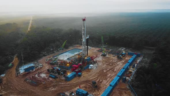 Cinematic Drone Shot of Onshore Drilling and Workover Rig structure and Rig equipment for oil explor