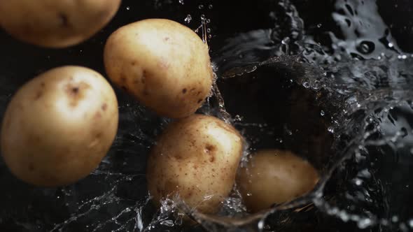 Throwing potato into boiling water. Slow Motion.