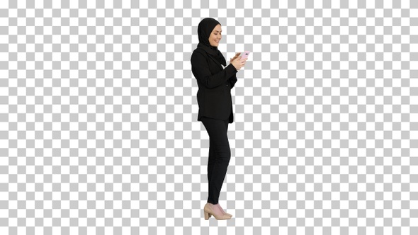 Smiling Arab woman in hijab taking selfie, Alpha Channel