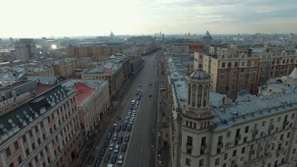 Aerial View of Traffic on Tverskaya Street Near the Moscow Kremlin