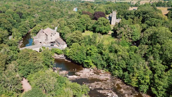 High ariel drone footage view of the famous Aysgarth FallsThe three stepped waterfalls at Aysgarth