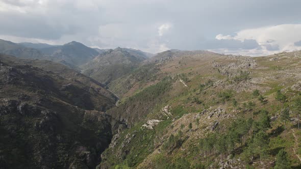 Scenic view of the mountain range at Portuguese Geres park aerial drone panorama