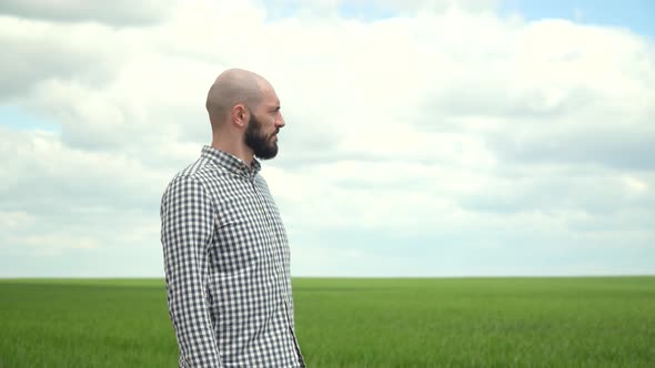 Portrait of Young Bearded Farmer Man with Beard Looking to Camera in Wheat Field