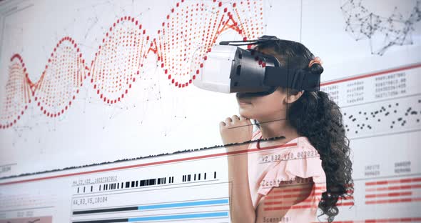 Girl using virtual reality headset and digital screen