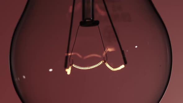 The Tungsten Filament in a Glass Lamp Closeup in Slow Motion on Red Background