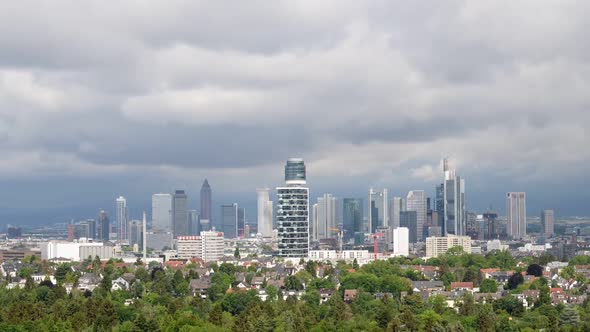 Time lapse of fast, big clouds over the cityscape of Frankfurt am Main, Germany