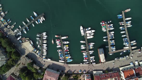 Aerial Panoramic View of Balaklava Landscape with Boats and Sea in Marina Bay