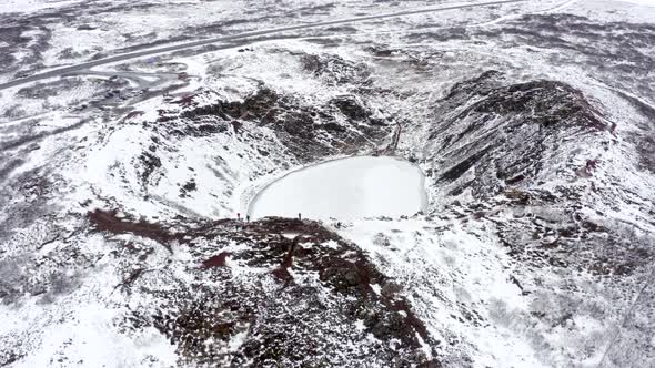 Snowy Volcanic Kerid Crater on the Golden Circle of Iceland Seen From the Air