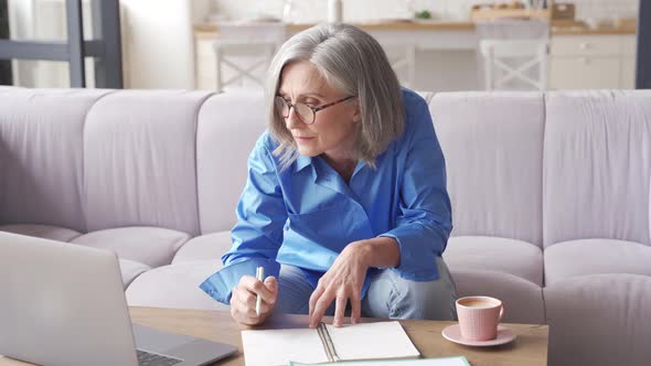 Senior Older Woman Watching Webinar on Laptop Working From Home