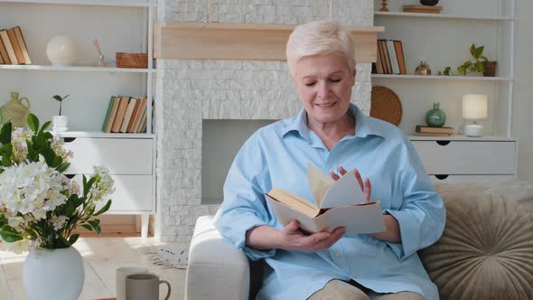 Serious Happy Smiling Senior Adult Lady Sit on Sofa in Living Room