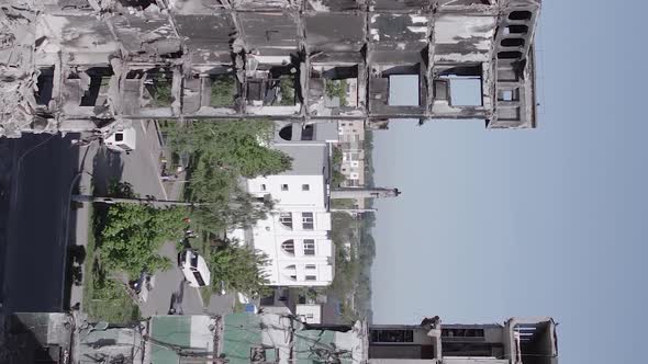 Vertical Video of the War in Ukraine  a Destroyed Building in Borodyanka