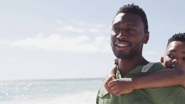 Smiling african american father with son embracing on sunny beach