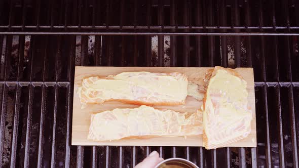 Step by step. Grilled salmon on plank in dijon mustard