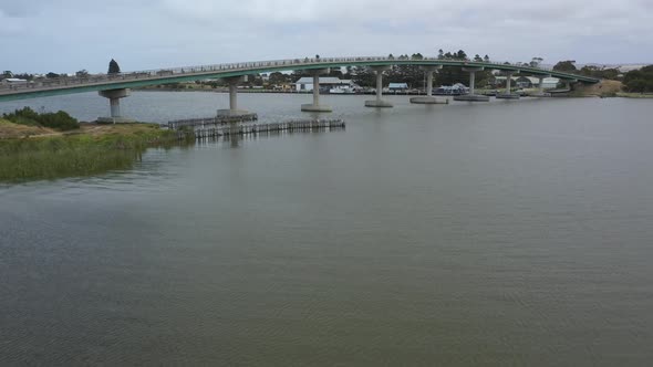 Arial footage of a bridge across water in regional Australia