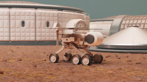 Planetary rover heading to cosmic base. Test vehicle returns to the space base.