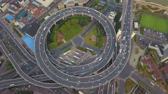 Aerial view of roundabout of Nanpu Bridge, Shanghai Downtown, China.