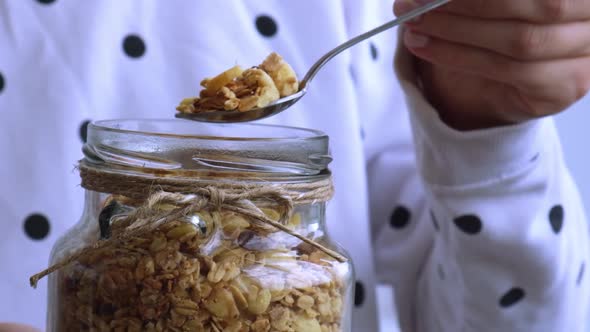 Slow Motion Female Hands Woman Eating Healthy Breakfast