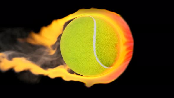 Flying tennis ball on fire on a black background