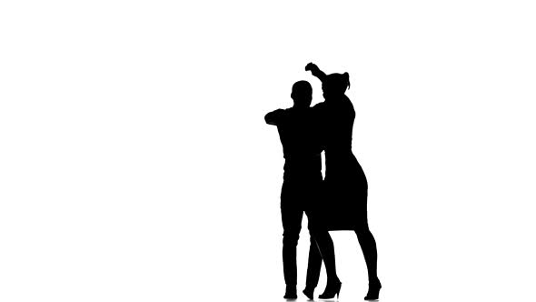 Social Latino Dancers, European Girl and Afro American Man Starts Dancing on White, Silhouette