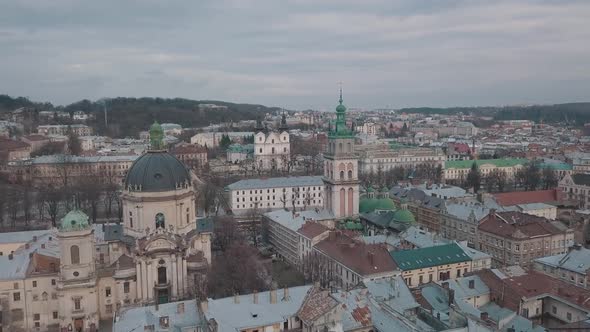 Aerial City Lviv, Ukraine. European City. Popular Areas of the City. Dominican