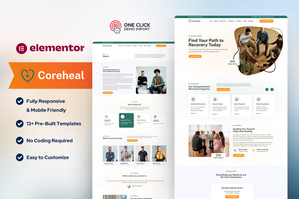 Coreheal – Addiction Recovery & Rehabilitation Center Elementor Pro Template Kit – 0 Sold!