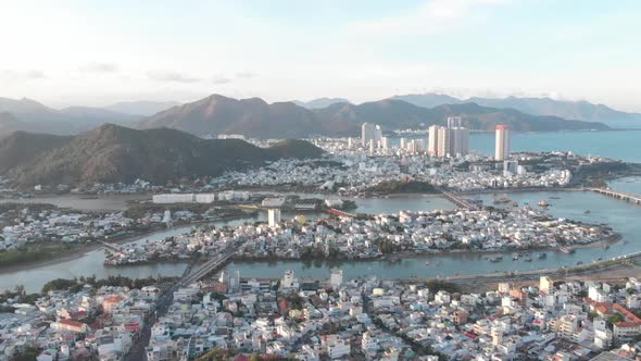 Aerial Drones Take a Beautiful View of the Big City From a Bird's Eye View with Skyscrapers or Tall