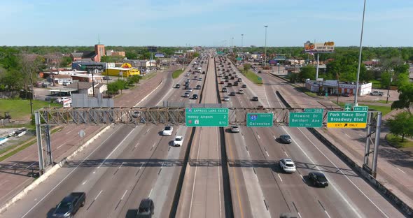 Aerial view of cars on I-45 South in Houston headed towards Galveston, Texas.