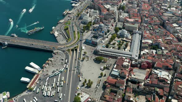 Grand Bazaar in Istanbul Next To Bosphorus Bridge with Car Traffic and Mosque Under Construction