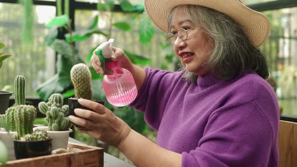 Asian elderly women live at home. she is watering the trees Happy to plant a tree