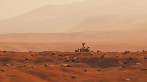 Planetary rover on the surface of Mars exploring alien planet landscape. 4K