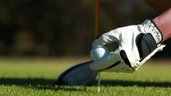 Golfer placing golf ball on tee