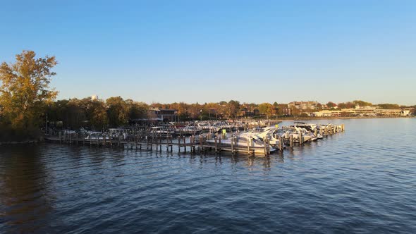 aerial of boats anchored in a pier