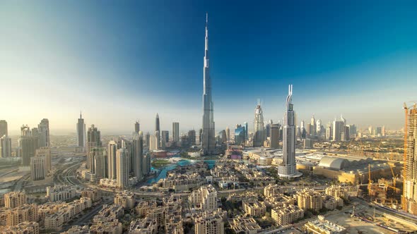 Dubai Downtown at Evening Timelapse View From the Top in Dubai United Arab Emirates