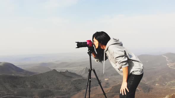 Girl Look Through Camera Viewfinder On Photography Tour