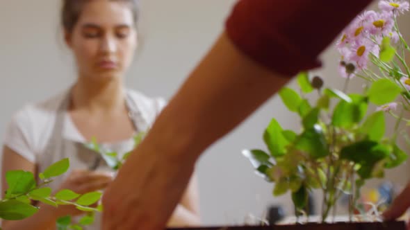 Trainee florist preparing greenery for arrangement