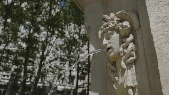 Iconic head fountain pouring water stream, close up motion view