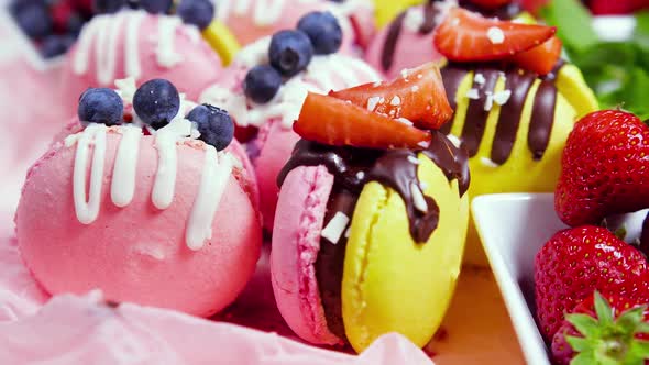 Macaroon Handmade Beautiful Sweet Food Dessert with Fresh Strawberries and Blueberries Decorated