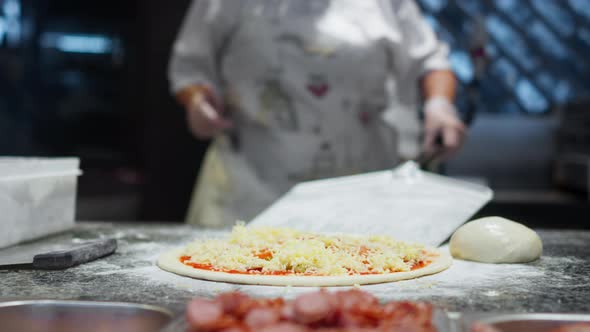 Chef Cooking Pizza, Pizza Shovel Transfers Pizza To The Oven For Baking, Pizza Cooking Process Start