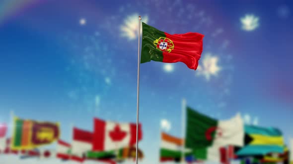 Portugal Flag With World Globe Flags And Fireworks