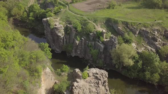 Aerial View To Granite Buky Canyon on the Hirskyi Takich River in Ukraine