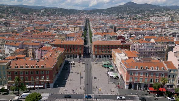 Drone view of The Place Massena, a historic square in Nice, Cote d'Azur, France