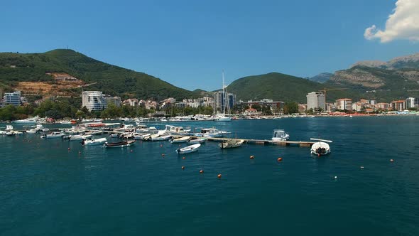 View From the Drone to the Pier with Moored Yachts