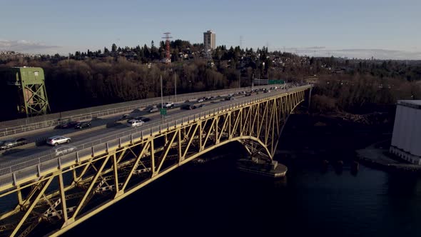 Car traffic on Ironworkers Memorial Bridge at Vancouver in Canada. Aerial drone view