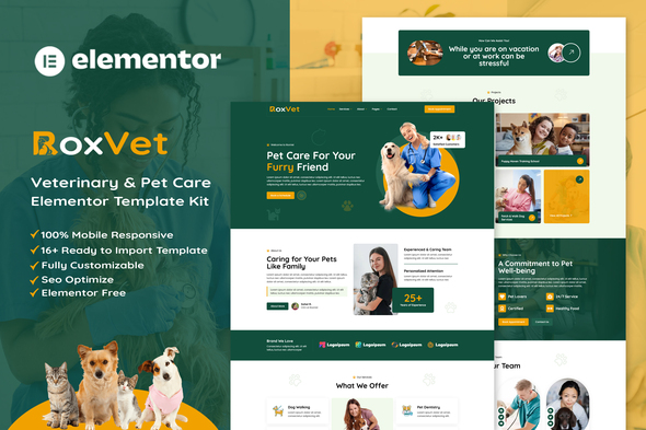 RoxVet – Veterinary & Pet Care Services Elementor Template Kit – 0 Sold!