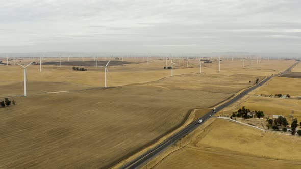 Aerial shot of Wind turbines in field on Montezuma Hills