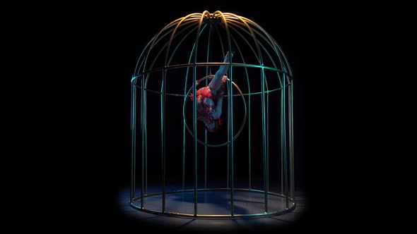 Gymnast on a Rotating Hoop in a Cage . Black Background